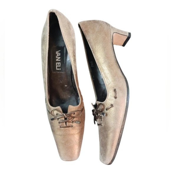 VANELI Vintage Gold/Bronze Square Toe Kitten Heel Pumps Size 7 - Picture 1 of 12